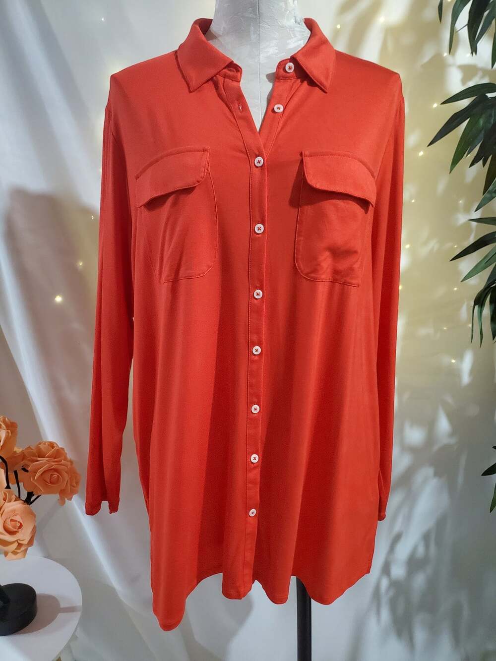 Lands End Womens Button Up Flap Pocket Jersey Knit Blouse Top Plus Size 1X Red